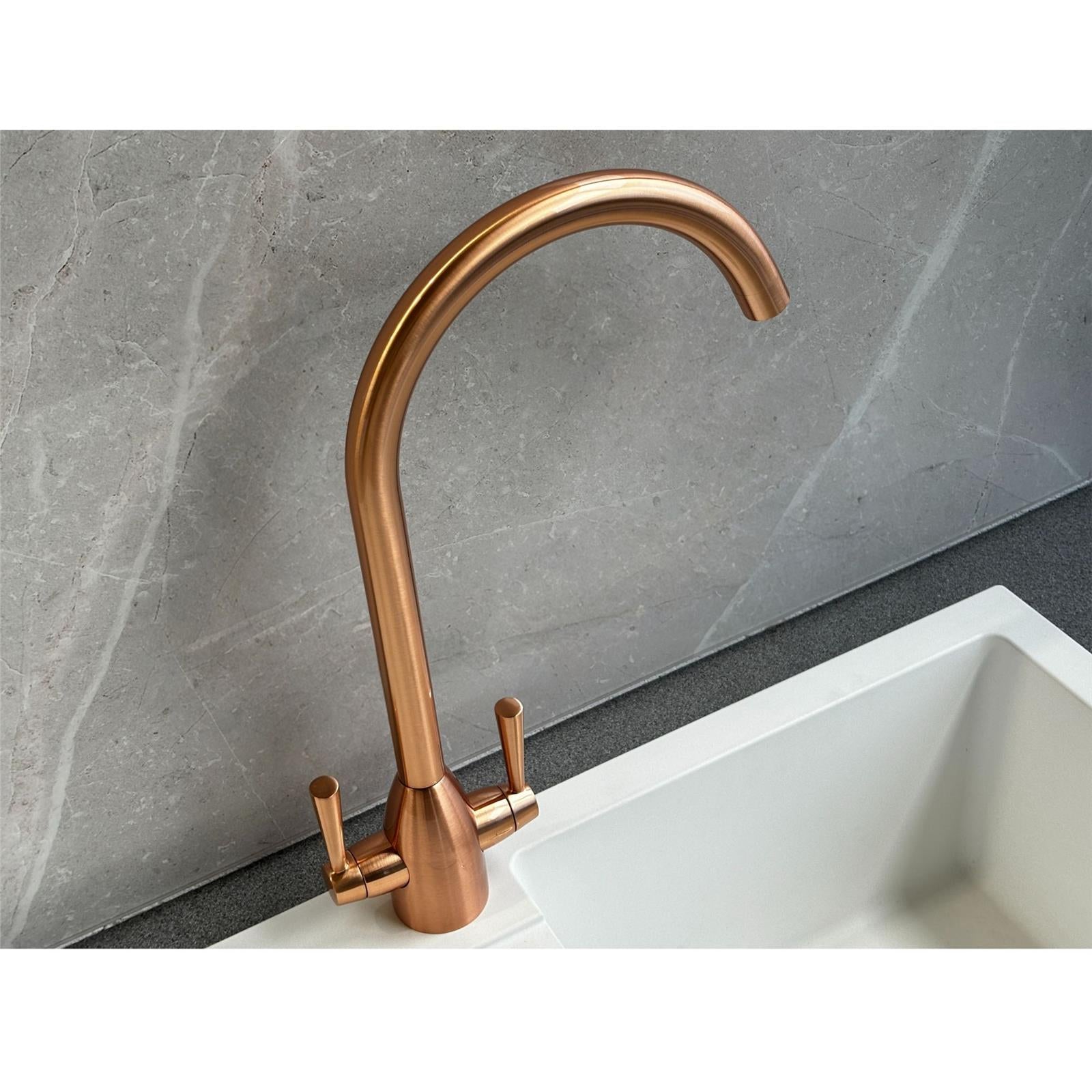 Liquida W05CP Swan Neck Swivel Spout Twin Lever Copper Kitchen Mixer Tap